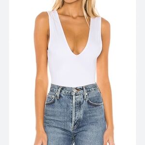 Free People White V-Neck Bodysuit Large Off White